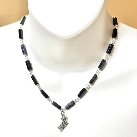 Dark Blue Goldstone Short Necklace w/ Silver Dog Person Paw Print Charm - Picture 2 of 14